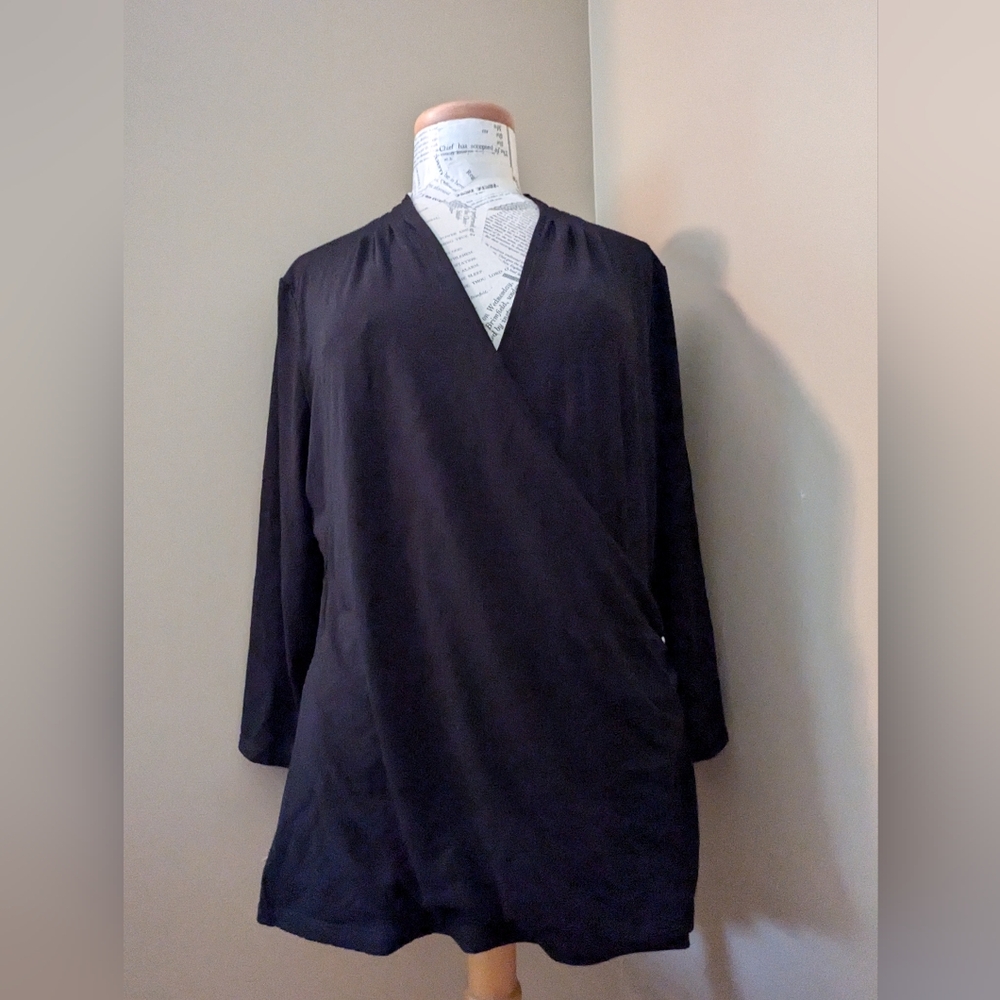 White House Black Market Long Sleeve Wrap Ruched Top Blouse Silver NWT XL